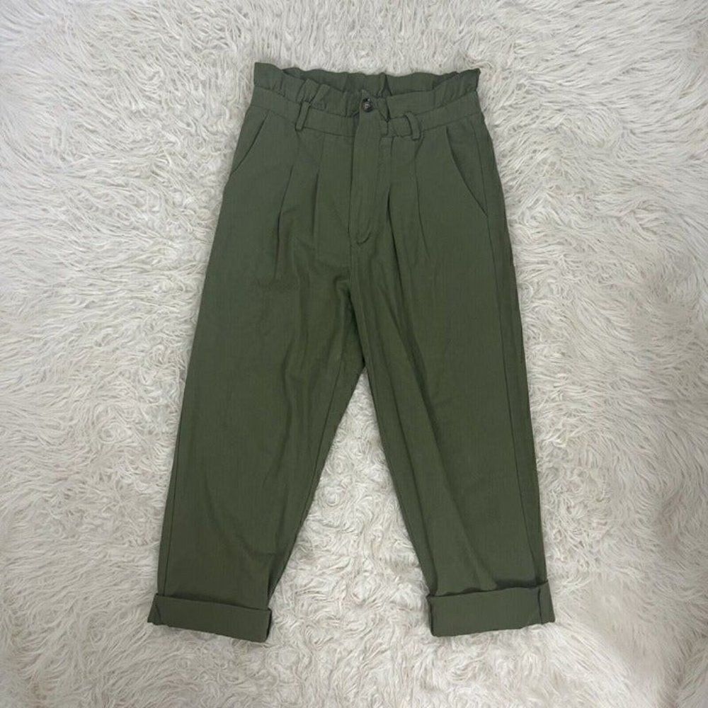 7 For All Mankind Womens Army Green Paperbag Waist Wide Leg Pants Trousers Med
